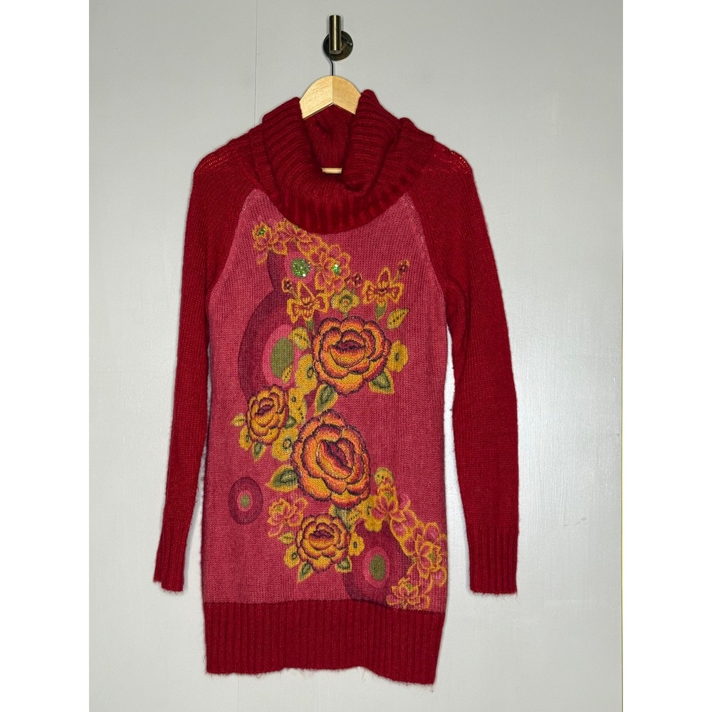 Desigual Red Pink Floral Cowl Neck Tunic Sweater Angora Wool Blend Large